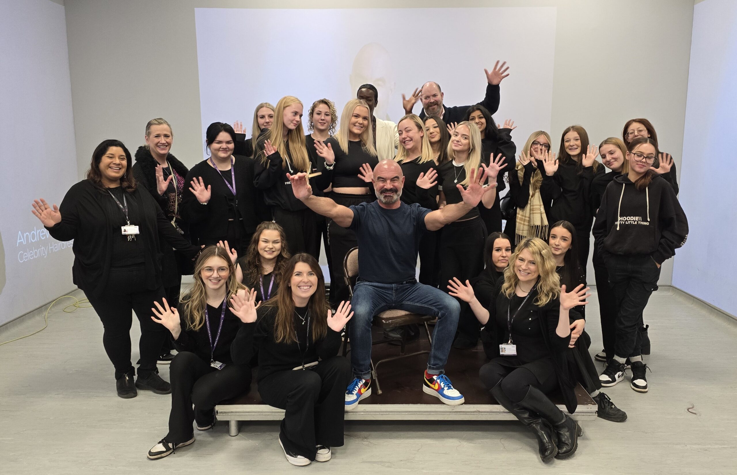 Celebrity hairstylist Andrew Barton pictured with Crawley College students and staff